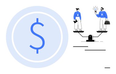 Dollar sign beside male and female figures on a scale balancing ideas, career, and business. Ideal for finance, career development, decision-making, equality, investment balance budgeting. Simple