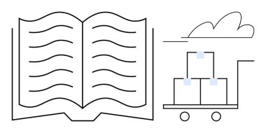 Open book with text lines alongside a cart carrying three stacked boxes under simple cloud lines. Ideal for education, knowledge, reading, logistics, delivery, transportation, supply chain, simple