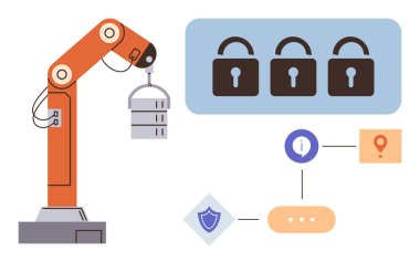 Robotic arm carrying server, three locked padlocks, interconnected data flow icons. Ideal for automation, technology, cybersecurity, data protection, industrial systems, innovation future tech