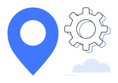 Blue location marker, outlined gear, and light cloud symbolizing navigation, system configuration, innovation, and connectivity. Ideal for tech, travel, app design mapping productivity system