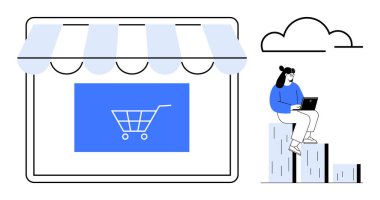 Digital storefront with blue shopping cart icon, person working on laptop analyzing data, cloud overhead. Ideal for e-commerce, entrepreneurship, shopping, online business, market analysis, digital