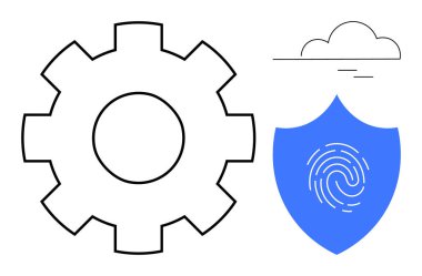 Large gear symbol beside a fingerprint on a shield and cloud. Ideal for cybersecurity, data protection, technology, cloud services, innovation, digital safety, privacy. Simple flat metaphor