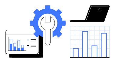 Laptop, gear with wrench, and data charts symbolize analysis, tool integration, and workflow management. Ideal for business strategy, analytics, data management, software productivity efficiency