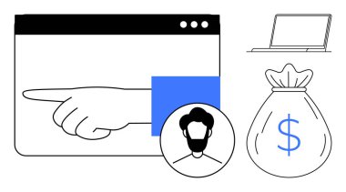 Hand pointing to user profile next to money bag and laptop screen emphasizing engagement, income, technology, business, strategy, digital marketing, online transactions. Simplistic flat metaphor