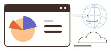 Pie chart and text on webpage with global network globe and cloud icon representing data, digital connection, and analysis. Ideal for technology, analytics, internet, cloud computing, big data