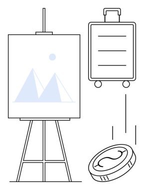 Easel with mountain art, suitcase on wheels, and a falling coin symbolizing creativity, travel, and finance. Ideal for design, art, economy tourism mobility education or simplicity. Simple flat