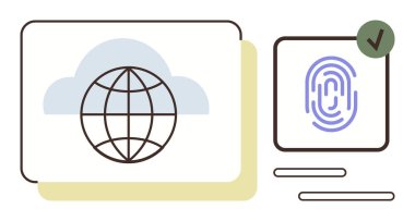 Globe icon within cloud, fingerprint with verification checkmark. Ideal for cybersecurity, technology, global access, cloud storage, privacy, digital identity online verification. Simple flat