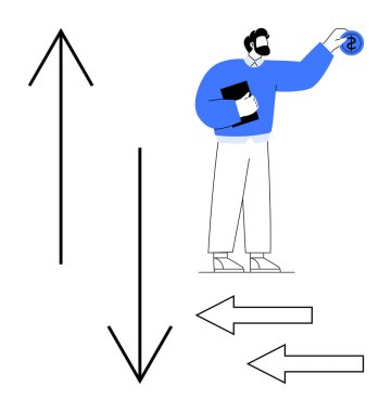 Man holding clipboard and dollar with arrows visualizing upward, downward, and lateral trends. Ideal for business growth, investment, economy, decision making, market analysis, strategy simple flat