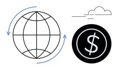 Globe with circular arrows, dollar sign icon, and abstract cloud elements. Ideal for finance, globalization, trade, technology, economy business and investment. Simple flat metaphor
