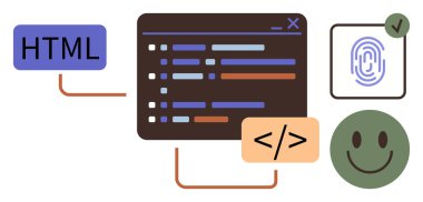 Screen displaying code editor with HTML and programming tags, fingerprint verification, and happy face. Ideal for programming, web development, security, user interface, digital design, software
