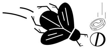 Fly in motion near coin and pill, symbolizing health risks, pest control, monetary implications, and disease. Ideal for healthcare, sanitation, pharmaceuticals, finance environment lifestyle