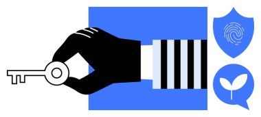 Hand holding a key with fingerprint shield and sprout icons symbolizing security, technology, growth, and innovation. Ideal for access, safety, tech advancement, development, eco-friendliness