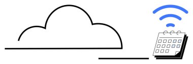 Cloud connected to a digital calendar with wireless waves, symbolizing synchronization, data sharing, and scheduling. Ideal for digital tools, time management, organization, technology, networking