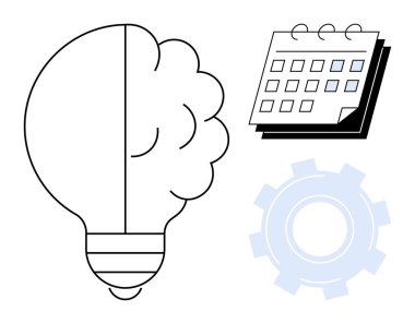 Brain-shaped lightbulb symbolizes ideas and creativity, calendar signifies planning and organization, gear suggests productivity and teamwork. Ideal for innovation, time management, brainstorming