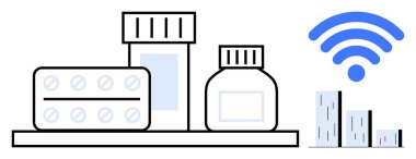 Pills, medicine bottles, wireless symbol, and data graph highlight telemedicine, health monitoring, remote care, and innovation. Ideal for telehealth, pharmacy data tracking technology