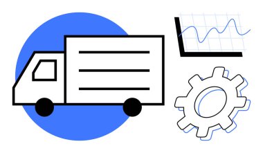 Delivery truck alongside a line graph and gear icon symbolizing logistics, performance metrics, innovation, efficiency, analysis, process optimization, and automation. Ideal for transport, business