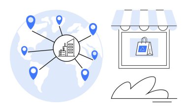 Earth map with industrial hub connected to global locations and retail storefront with shopping bag. Ideal for logistics, e-commerce, globalization, retail, supply chain, distribution, business