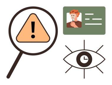 Magnifying glass focuses on warning sign, ID card displays identity, and eye with clock symbolizes attention. Ideal for security, detection, identification, monitoring, alerts, time awareness