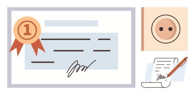 Certificate with badge and signature, document signing, and circular button. Ideal for achievement, certification, approval, official agreement, signature authority recognition. Simple flat