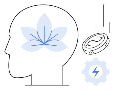 Human head outline with blooming flower, falling coin, and gear with lightning. Ideal for mindfulness, mental growth, financial well-being, innovation, mental health energy productivity. Clean flat