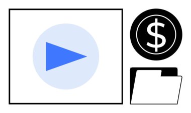 Blue play arrow, dollar coin, and folder forming a simple concept of media monetization, financial management, and file organization. Ideal for digital content, business, finance, online media