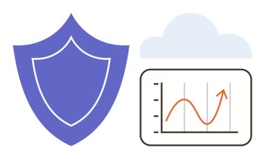 Shield icon represents security, with a cloud and graph displaying upward growth. Ideal for cybersecurity, cloud storage, data analytics, business growth, online safety, digital protection, simple