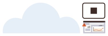 Cloud storage icon alongside a computer monitor showing a graph, documents, and error alert. Ideal for data storage, IT issues, analytics, cybersecurity, cloud service, system monitoring simple flat