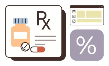Bottle with prescription label, capsules, tablet, checklist, and percentage icon. Ideal for pharmacy, medicine, healthcare discounts treatment medication management and patient care. Simple flat