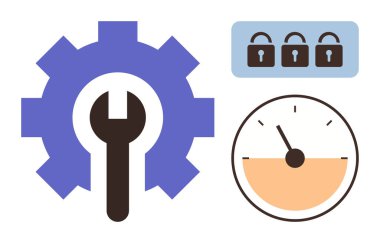 Gear and wrench for settings, three locked padlocks for security, and speedometer gauge signify performance and optimization. Ideal for maintenance, security, speed, efficiency, systems, upgrade