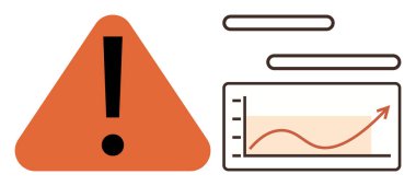 Orange triangle with exclamation mark and growth chart with upward arrow suggesting caution, risk, attention, or analysis. Ideal for business, safety, finance, trends danger alerts. Simple flat