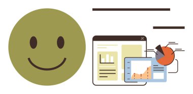 Large green happy face next to web analytics interface with bar graph, pie chart, and line graph. Ideal for concepts on business growth, positivity, analytics, data tracking, reporting, success