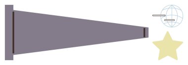 Spotlight beam directed at globe symbolizing connection and yellow star representing recognition. Ideal for focus, success, innovation, leadership, aspiration, strategy, communication. Simple flat