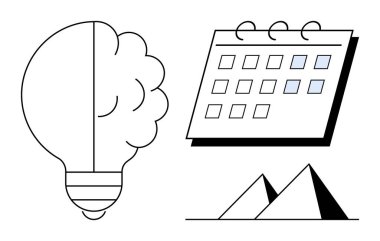 Lightbulb with brain shape, calendar with marked dates, and two pyramids in minimalist design. Ideal for creativity, brainstorming, time management, planning, history, legacy simple flat metaphor