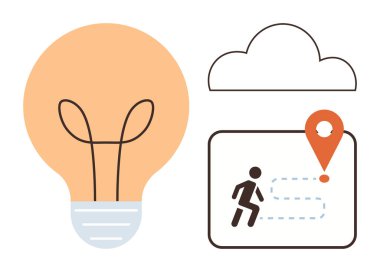 Lightbulb with creative idea, cloud as connectivity symbol, runner icon on map indicating journey and goals. Ideal for innovation, direction, planning, cloud computing, imagination, strategy