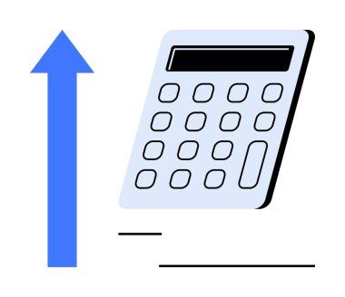 Calculator and upward arrow symbolizing increasing profits, financial analysis, and growth. Ideal for business, budgeting, accounting, investment, success metrics and progress themes. Clean simple