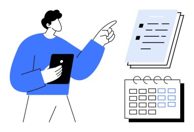 Man with tablet pointing at checklist and calendar, highlighting task prioritization. Ideal for project management, scheduling, productivity, planning, organization, workflow decision-making. Simple