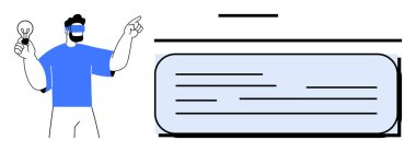 Person with lightbulb and gesture toward a blue-highlighted text section, representing creativity, innovation, brainstorming, and planning. Ideal for leadership, presentation, communication