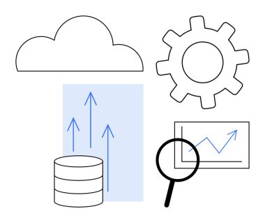 Cloud, database, upward arrows, cogwheel, and chart with magnifying glass suggest data management, innovation, and growth. Ideal for analytics, strategy technology progress development research