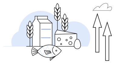Milk carton, cheese, fish, egg, wheat, and arrows highlight agriculture, nutrition sustainability and growth. Ideal for farming food security economy environment health education. Simple flat