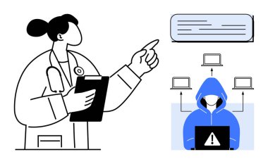 Doctor pointing at digital text, hacker in hoodie with alert on laptop, connected devices. Ideal for healthcare, cybersecurity, data protection, medical privacy, network safety, hacking prevention