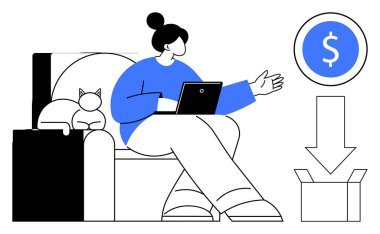 Woman on sofa with laptop discussing finance, cat resting nearby, symbol for money directing into a box. Ideal for finance, investments, e-commerce, remote work, freelancing, financial planning