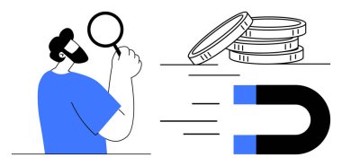 Man holding magnifying glass inspecting financial strategy, stack of coins and magnet attracting wealth. Ideal for finance, business, investment, savings, analysis, economic growth