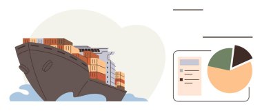 Cargo ship filled with containers sailing on water paired with a pie chart and bar graph analysis. Ideal for trade, logistics, supply chain, global commerce, transport, data insight, visual metaphor