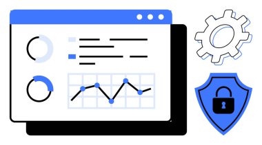 Interactive dashboard with graphs, charts, cogwheel, and shield for data analysis and cybersecurity. Ideal for technology, finance, security, business insights, innovation strategy simple flat