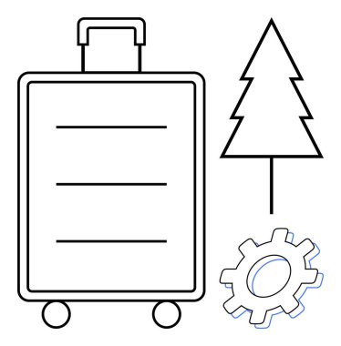 Minimalist suitcase on wheels, simple pine tree, and gear element. Ideal for travel, tourism, nature, adventure, exploration environmental innovation and creativity. Clean simple flat metaphor