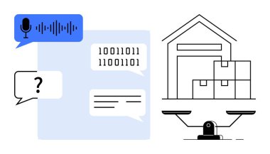 Speech input, binary code dialogues, warehouse with stacked boxes, and scale reflect themes of communication, data processing, logistics, balance, decision-making, inventory systems productivity clipart svg vector 