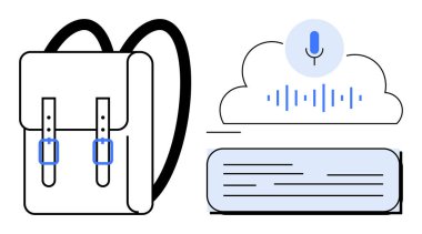 Backpack icon with cloud featuring microphone and sound waves, alongside a book. Ideal for education, technology, online learning, digital storage, travel, audio processing innovation. Simple flat