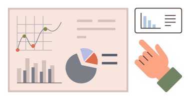 Bar chart, line graph, and pie chart on large screen with annotations, and hand pointing at small bar chart. Ideal for data analysis, research, business, statistics, presentations technology