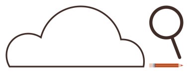 Cloud shape connected to a magnifying glass and pencil, representing data storage, research, creativity, analysis, learning, technology, and innovation. Ideal for simple flat metaphor