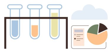 Test tubes with colored liquids in a rack alongside a pie chart, document, and cloud graphic. Ideal for science, research, data analytics, chemistry, technology education laboratory themes. Simple